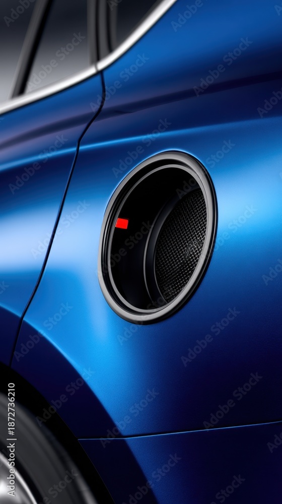 Fototapeta premium Close-up of a vivid blue car door featuring a circular fuel cap and glossy metallic panels under bright light