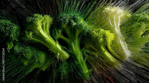 Broccoli stems with vibrant digital burst effect showcasing freshness, green vegetables, healthy diet, and modern abstract food imagery