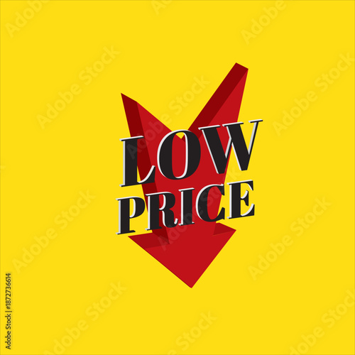 Low Price Red Arrow Down Discount Label, Banner or Icon, Promo Offer for Sale, Tag, Cost Reduction, Price Off Promotion, Rebate Sticker or Emblem Isolated on White Background. Vector Illustration