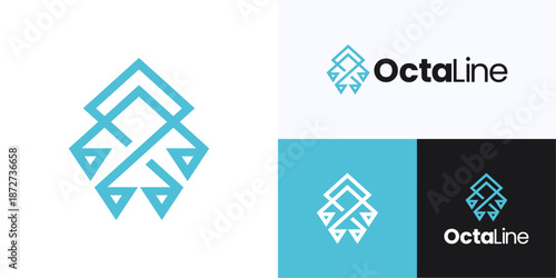 Creative monogram octopus with geometric triangle symmetric, logo icon design sign for vector element illustration, Luxury symbol monoline squid square or diamond vertical concept for brand identity