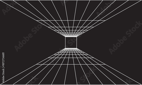 Futuristic perspective grid box. Abstract wireframe with white grid line on black background. Virtual reality landscape in 80s 90s digital style. Vector