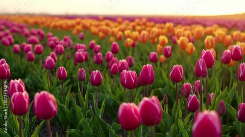 Wallpaper Mural A field of vibrant pink and orange tulips at sunset Torontodigital.ca