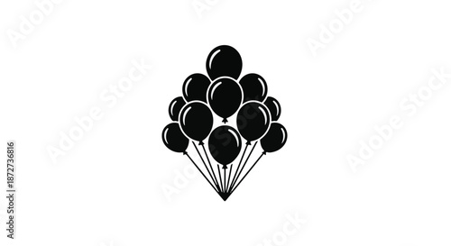 A striking cluster of black balloons tied together, symbolizing celebration and mystery against a clean white background.