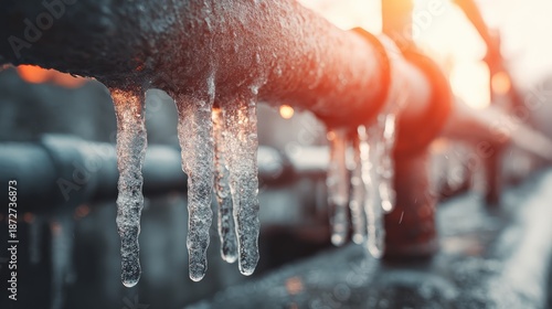 Icicles form on an outdoor metal pipe exposed to freezing winter temperatures