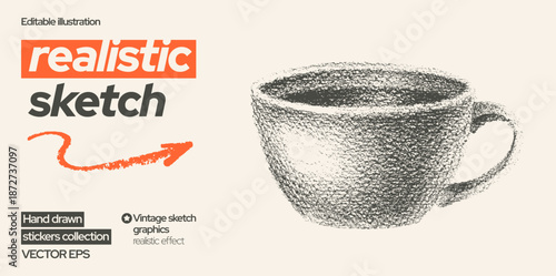 Cup of coffee halftone collage. Tea or coffee cup pencil drawing, halftone photocopy collage. Grunge tea mug, food cutout vintage art. Retro breakfast, Italian brunch sketch as png. Vintage cut bg