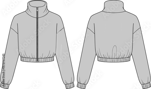cropped zip jacket technical sketch, women high neck bomber jacket, elastic hem cuffs, casual outerwear design, front back illustration