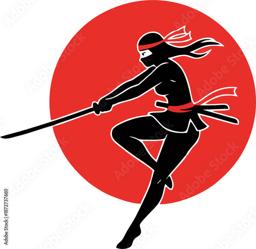 Female kunoichi ninja silhouette leaping dynamically with katana sword drawn, ponytail flowing, headband, traditional garb, against bold red rising sun circle background