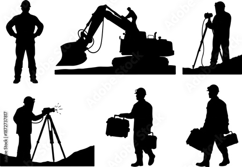 Silhouette of workers at a construction site with heavy machinery and equipment in a stark industrial environment viewed from multiple angles