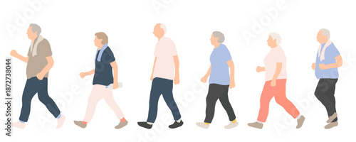 歩いて運動するシニアの人物イラストセット　健康づくり・ウォーキングする高齢者