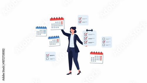 Full-body illustration of a businesswoman surrounded by floating calendars and papers in a white space.