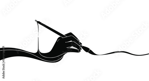 Artist's hand creating a flowing black line with a paintbrush on a white background.
