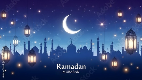 A celestial ramadan mubarak greeting with glowing lanterns and a mosque silhouette under a starry night