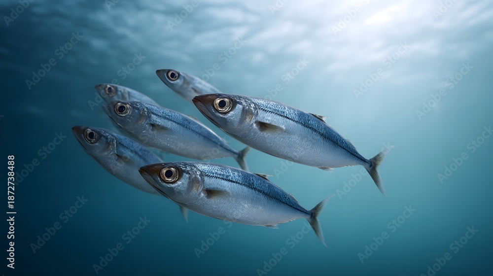 Fototapeta premium A school of sleek silvery fish glides through clear blue ocean water illuminated by sunlight from above