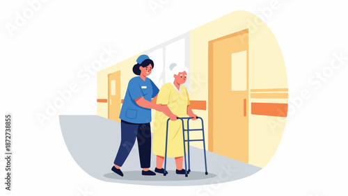 A healthcare worker assisting an elderly person with a walker in a hospital corridor with a supportive and caring mood.