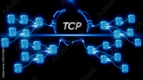 Blue glowing T C P network diagram with servers and connections on black background