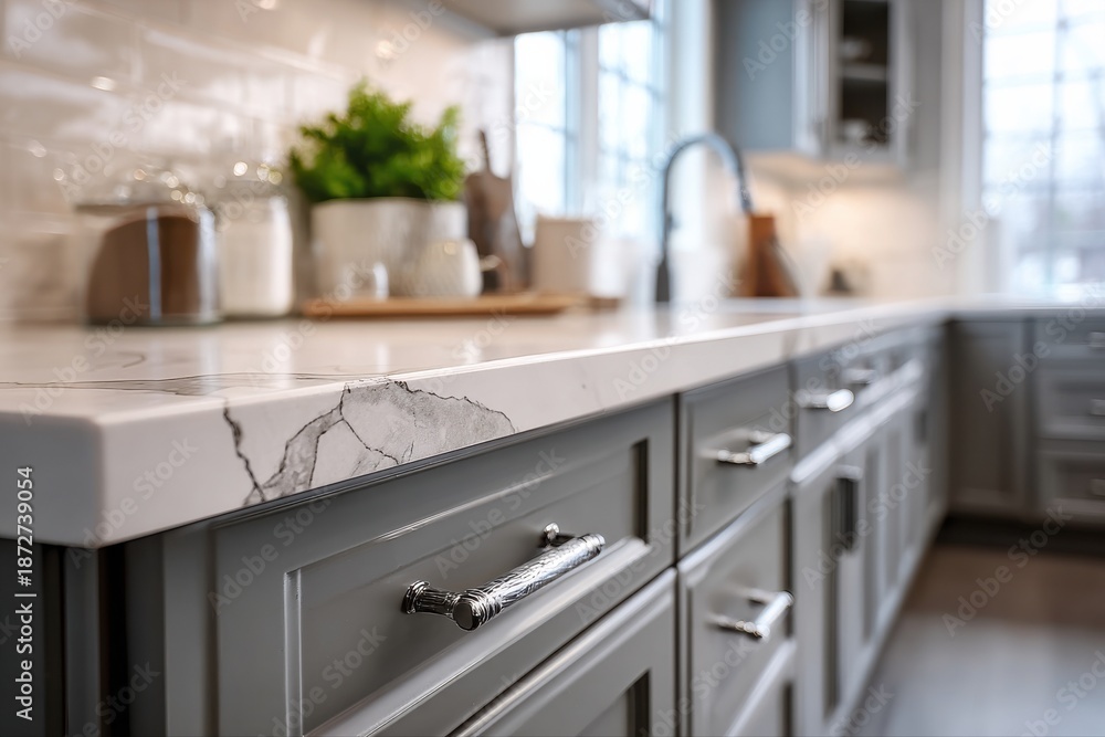 Fototapeta premium Modern Kitchen Interior with Elegant Marble Countertop and Stylish Cabinets