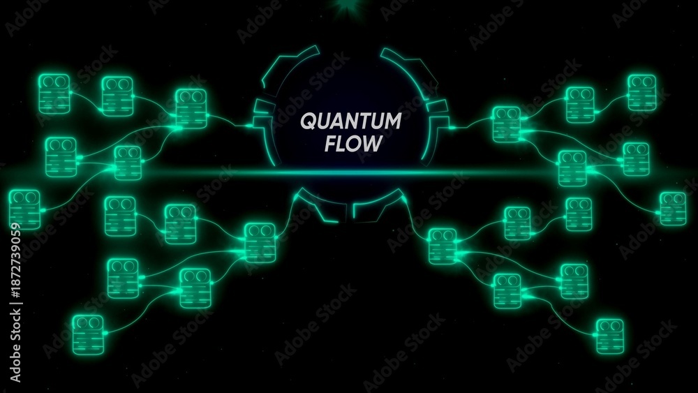 Obraz premium Quantum flow network with glowing green nodes and connections data flow