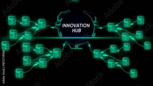 Neon green innovation hub network with glowing connections futuristic