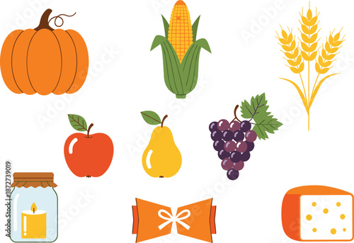 Autumn harvest set with pumpkin corn wheat apple pear grapes cheese candle and decorative bow for thanksgiving and fall seasonal designs