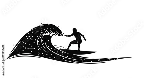 Silhouette of a surfer riding a massive, stylized wave with glowing particles