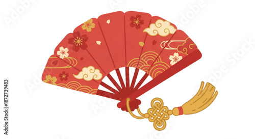 Vector icon illustration : red traditional chinese folding paper fan with patterns design - Chinese New Year decoration ornament, Lunar festive celebration, cooling, oriental fashion accessory symbol