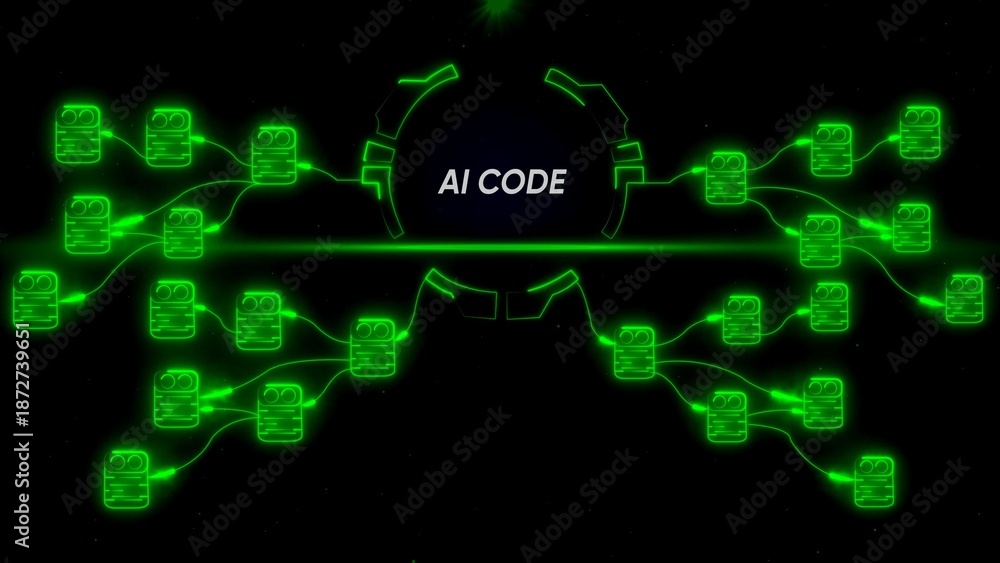 Fototapeta premium Neon green A I code flowchart with connected blocks and lines on black background AI code