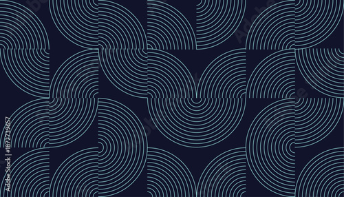 Abstract Geometric Pattern of Concentric Arcs on Dark Blue Background.