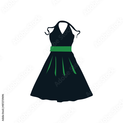 Elegant Black Dress with Green Sash: A chic black dress, highlighted with a vibrant green sash, exudes style and sophistication, capturing a timeless fashion statement.