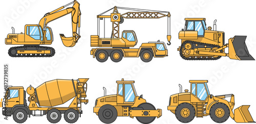 Flat vector set of yellow construction vehicles, including excavator, crane, bulldozer, cement mixer, and road roller, for industrial engineering design.