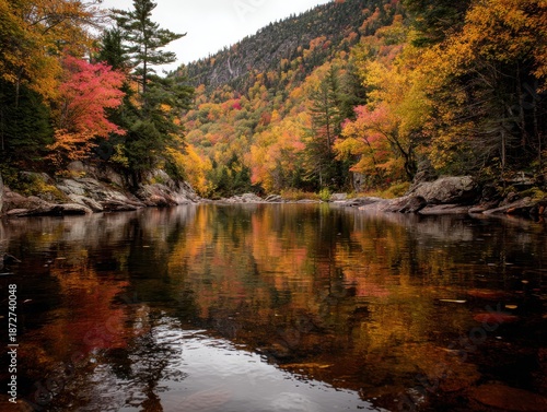 Autumn forest reflected in calm river water with colorful foliage and rocky banks fall