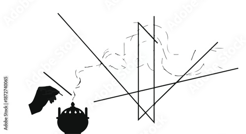 A hand ignites incense, releasing aromatic smoke that drifts into a minimalist, abstract composition.