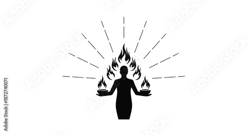 Silhouette of a person juggling flames and fire, radiating energy and power.