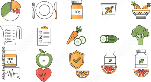 Healthy nutrition and diet icon set with flat illustrations of vegetables fruits calorie tracking meal planning and wellness lifestyle symbols