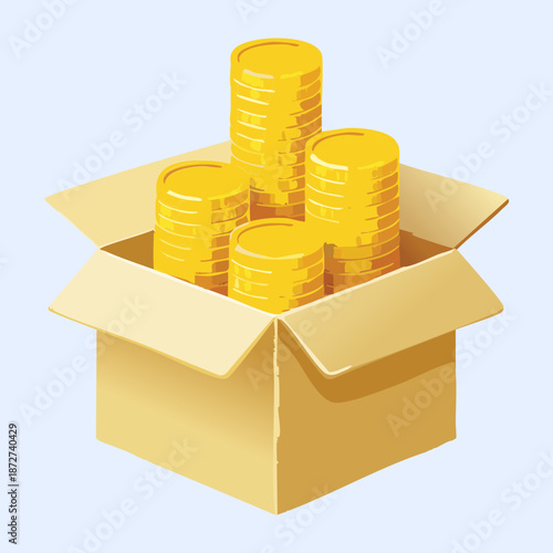 Bright blue backdrop with box of golden coins for financial growth and wealth concepts Graphic Asset