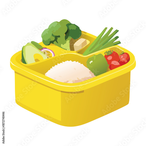 Yellow lunch box filled with healthy vegetables and rice for school meal and nutrition Graphic Asset