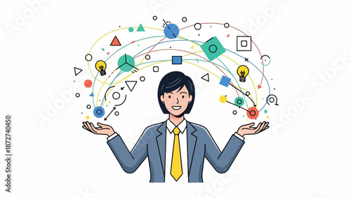 A cartoon businesswoman in a blue suit and yellow tie stands with arms outstretched, surrounded by floating colorful symbols and icons against a clean white background.