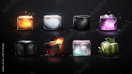 Colorful ice cubes with elements of fire, water, smoke, and herbs against dark background