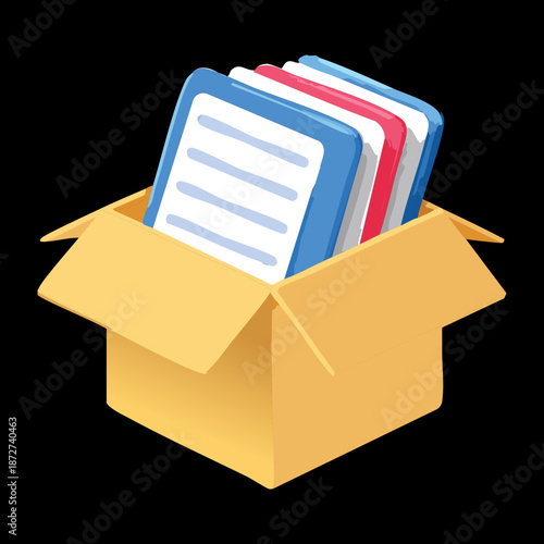 Open cardboard box filled with paper documents and files for office organization archive storage and paperwork management