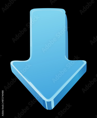 Blue vertical arrow pointing down for representing financial decrease market loss and negative business trends on black background