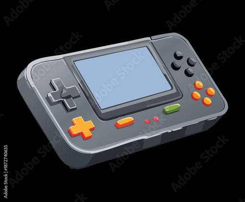 Grey handheld gaming console with screen and control pad for playing vintage retro video games and arcade classics
