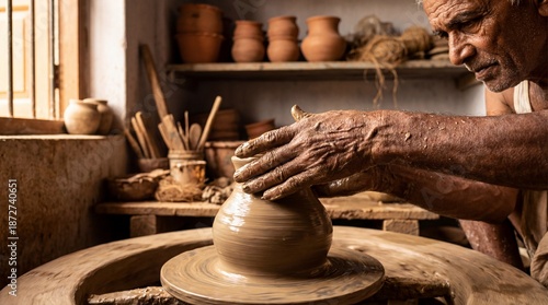 Close-up of Elderly Artisan Hands Shaping Wet Clay Pot on Traditional Pottery Wheel - Authentic Pakistani Craftsmanship and Local Flavor 