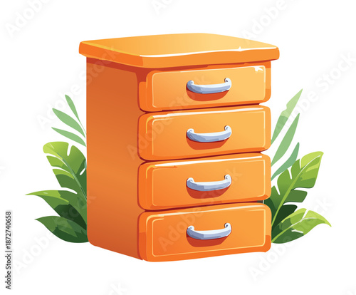 Illustration of an orange office cabinet with four drawers for document storage and workspace organization
