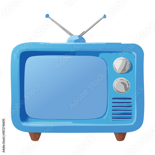 Illustration of a blue retro television with manual dials for classic media broadcasting and nostalgic entertainment