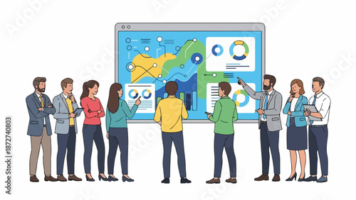 Illustration of a diverse group of business professionals standing around a large computer screen displaying a colorful infographic with charts and graphs in a modern office setting.