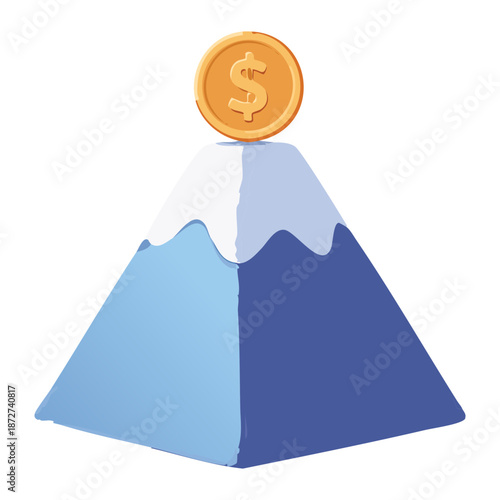 Illustration of a blue mountain peak with a gold dollar coin representing reaching financial goals