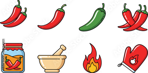 Spicy chili pepper icon set with red and green peppers mortar and pestle hot flame and oven mitt for cooking