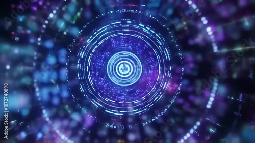 Wallpaper Mural Abstract digital interface with concentric circles and glowing lines in shades of purple and blue Torontodigital.ca