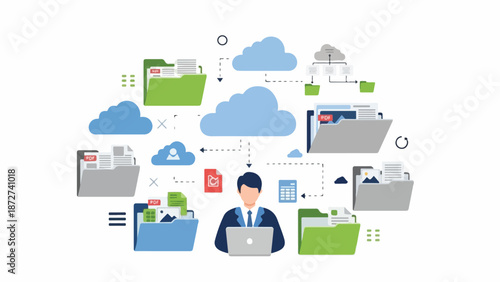 Illustration of a businessman working on a laptop surrounded by floating office supplies and cloud storage icons in a colorful graphic design.