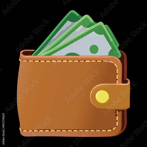 Illustration of a brown leather wallet filled with green cash bills representing savings and personal wealth management