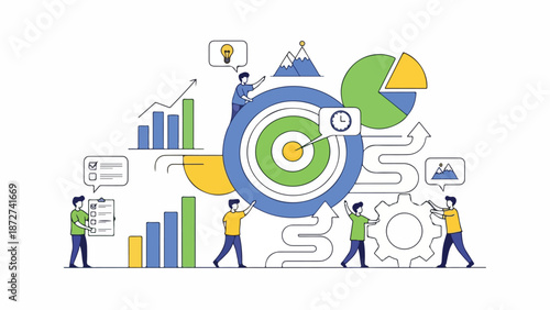 Flat illustration of business people analyzing graphs and charts with a target and gear in a colorful, conceptual scene.